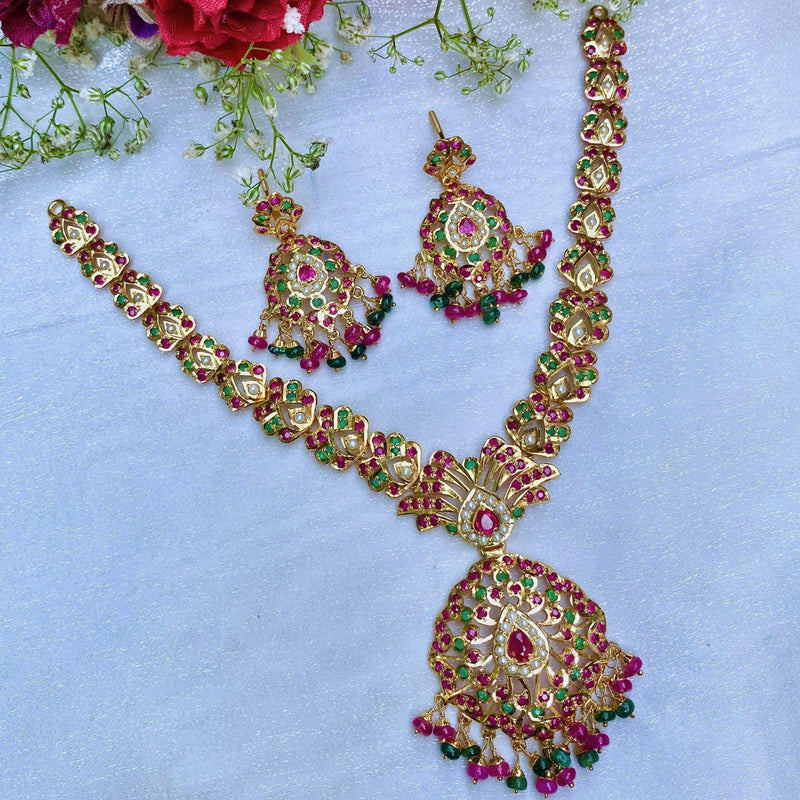 Multicolored Jadau Necklace Set in Gold Plated Silver NS 047