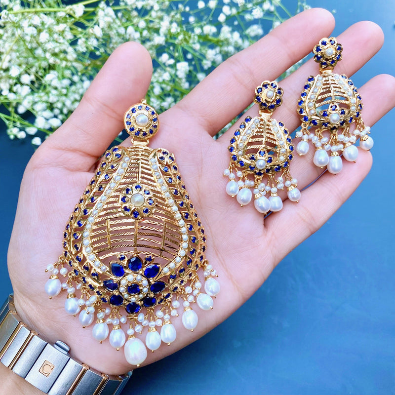 Pearl and Blue Sapphire Jadau Pendant Set in Gold Plated Silver PS 041