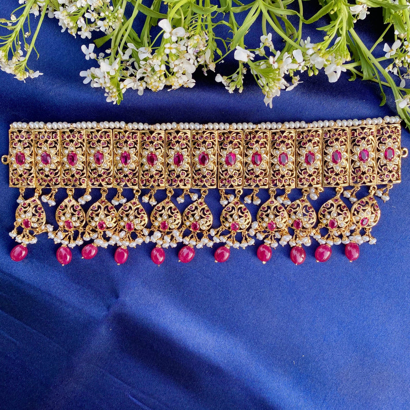 Ruby Pearl Bridal Jadau Choker Set in Gold Plated Silver NS 036