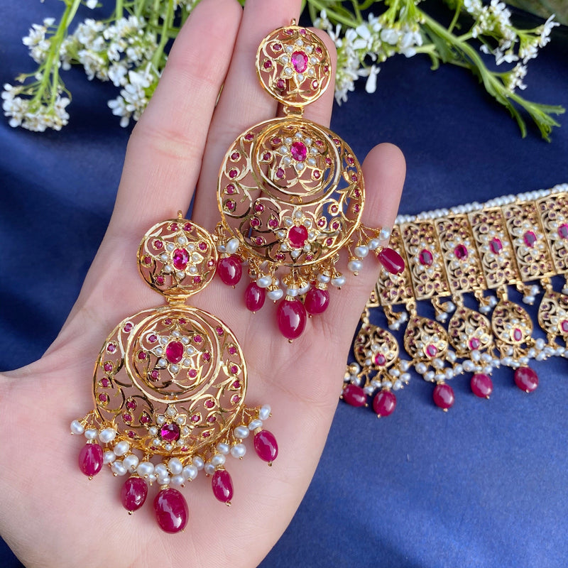 Ruby Pearl Bridal Jadau Choker Set in Gold Plated Silver NS 036