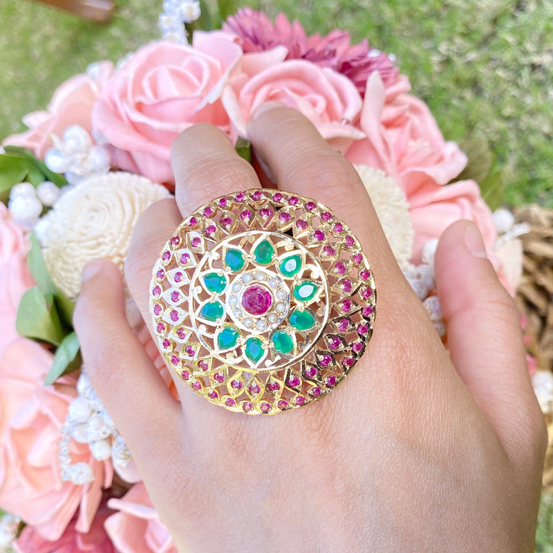 Multicolored Jadau Cocktail Ring in Gold Plated Silver LR 006