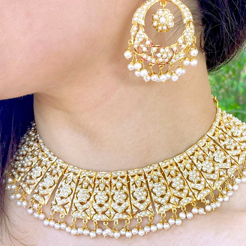 Traditional Pearl Jadau Bridal Necklace Set in Gold Plated Silver NS 122