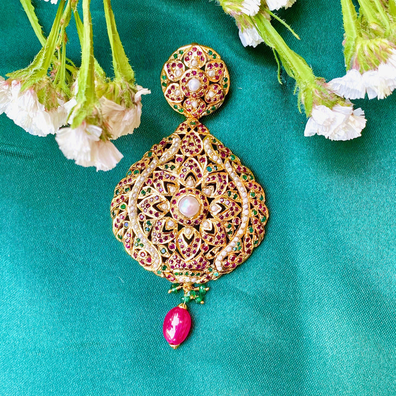 Ruby Emerald Pearl Pendant Set in Gold Plated Silver PS 017