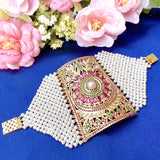 Traditional Punjabi Jadau Bracelet in Gold Plated Silver with pearl weaving