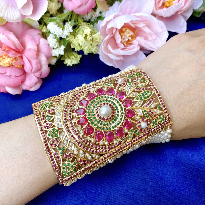 Traditional Punjabi Jadau Bracelet in Gold Plated Silver with pearl weaving