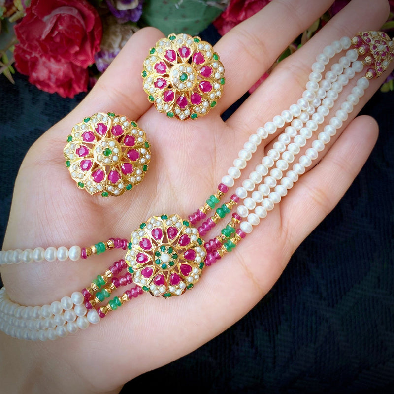 Multicolored Jadau choker set in Gold Plated Silver NS 072