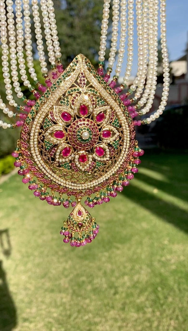 Multicolored Jadau Rani Haar Necklace Set in Gold Plated Silver HR 006