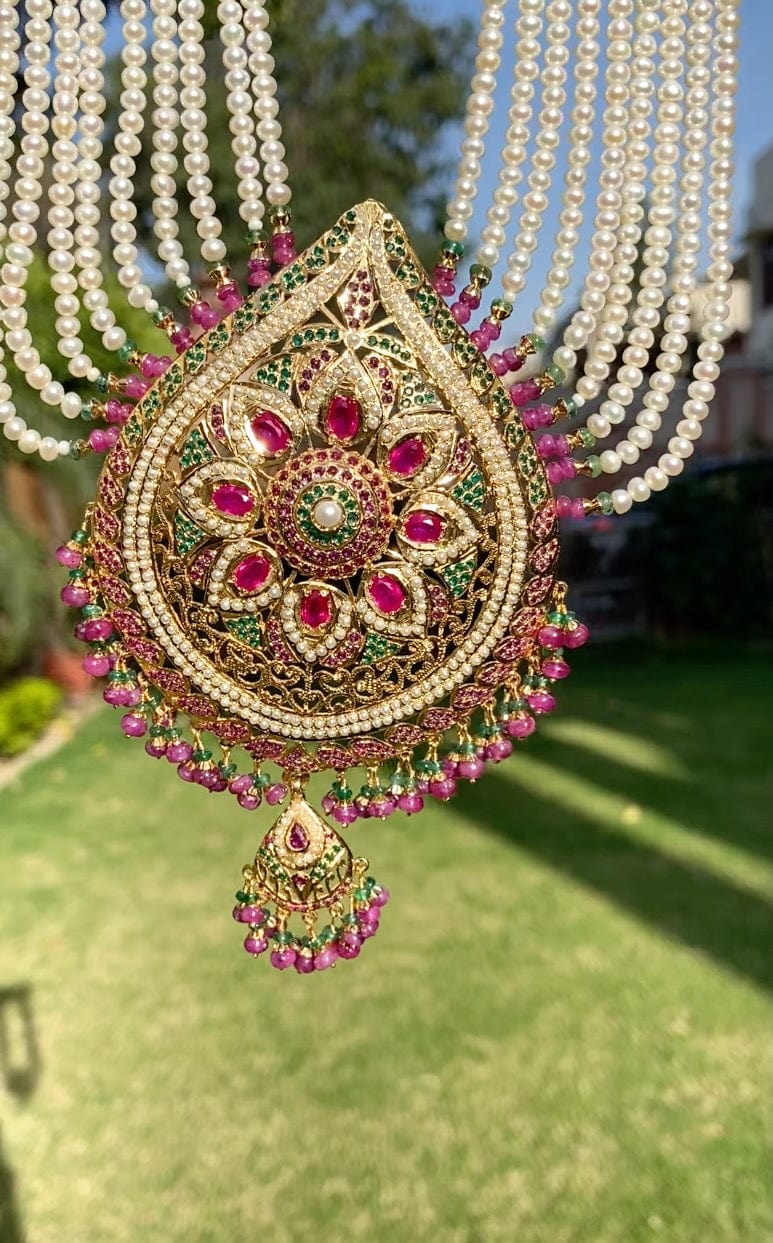Multicolored Jadau Rani Haar Necklace Set in Gold Plated Silver HR 006