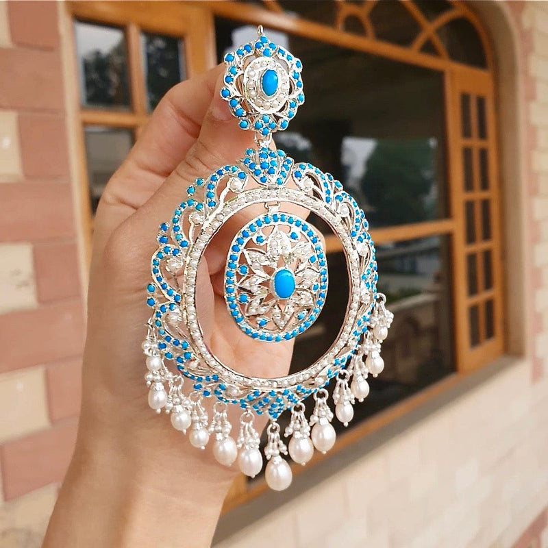 Oversized Pearl Turquoise Chandbali Earrings in 925 Silver ER 194
