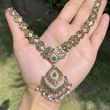 Multicolored Light and Elegant Jadau Necklace with Matching Earrings in Gold Plated Silver NS 079