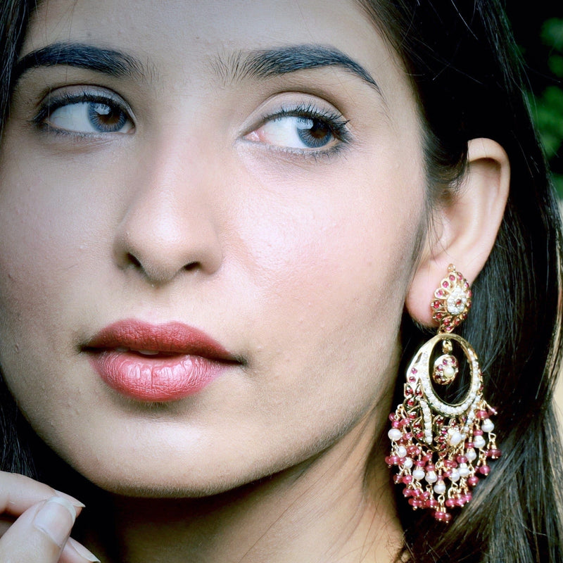 Ruby Pearl Combination Chandbali Earrings in Gold Plated Silver ER 214