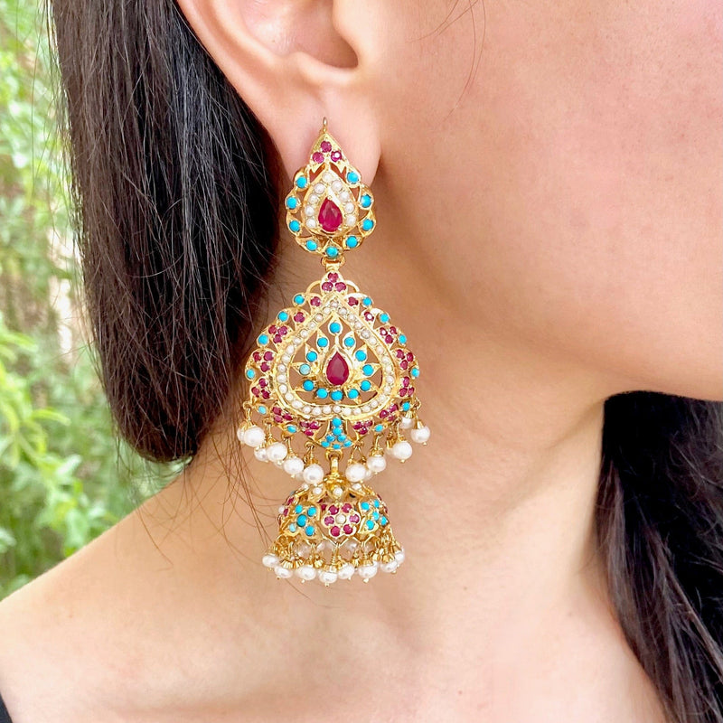 Multicolored Jadau Dangler Earrings in Gold Plated Silver ER 028
