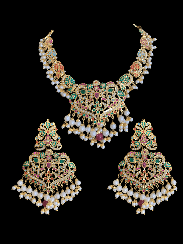 NS70 Neeli navratan jadau pearl necklace with earrings tika (SHIPS IN 4 WEEKS )