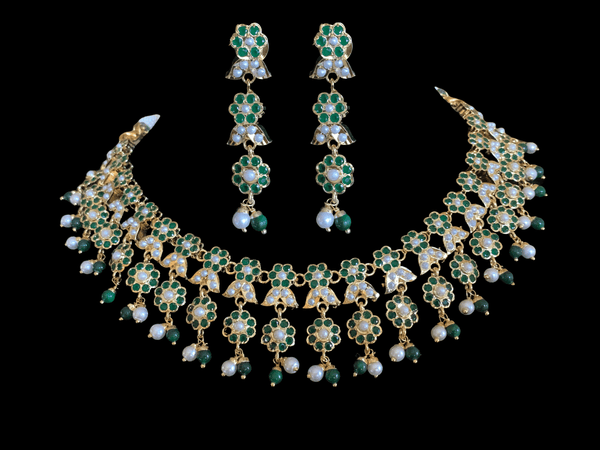 NS257 Neha jadau necklace set ( emerald   pearl ) - READY TO SHIP