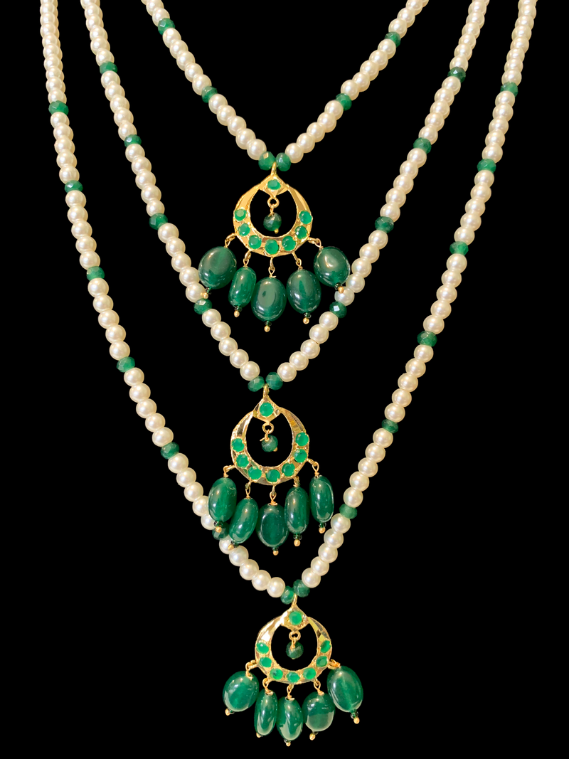 SAT71 Seema three layer  necklace with chandbali- green  ( READY TO SHIP )