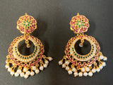 Ruby emerald Pearl Jadau earrings in gold plated silver  ER 030