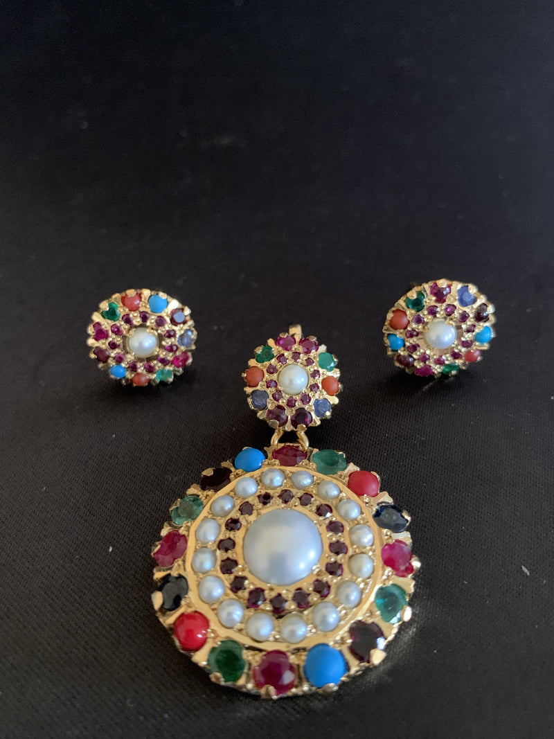 Navrattan Jadau Pendant Set in Gold Plated Silver PS 039