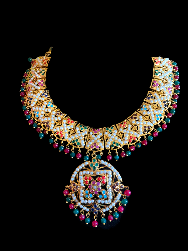 NS370 Ruchika  necklace set in navratan  ( READY TO SHIP )