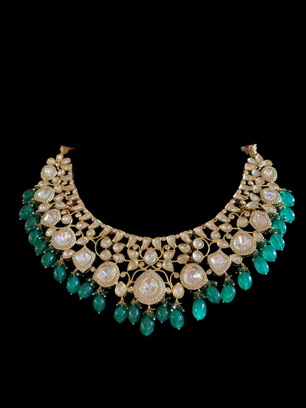 NS16 Tanu polki with emerald  beads necklace set (SHIPS IN 4 WEEKS  )