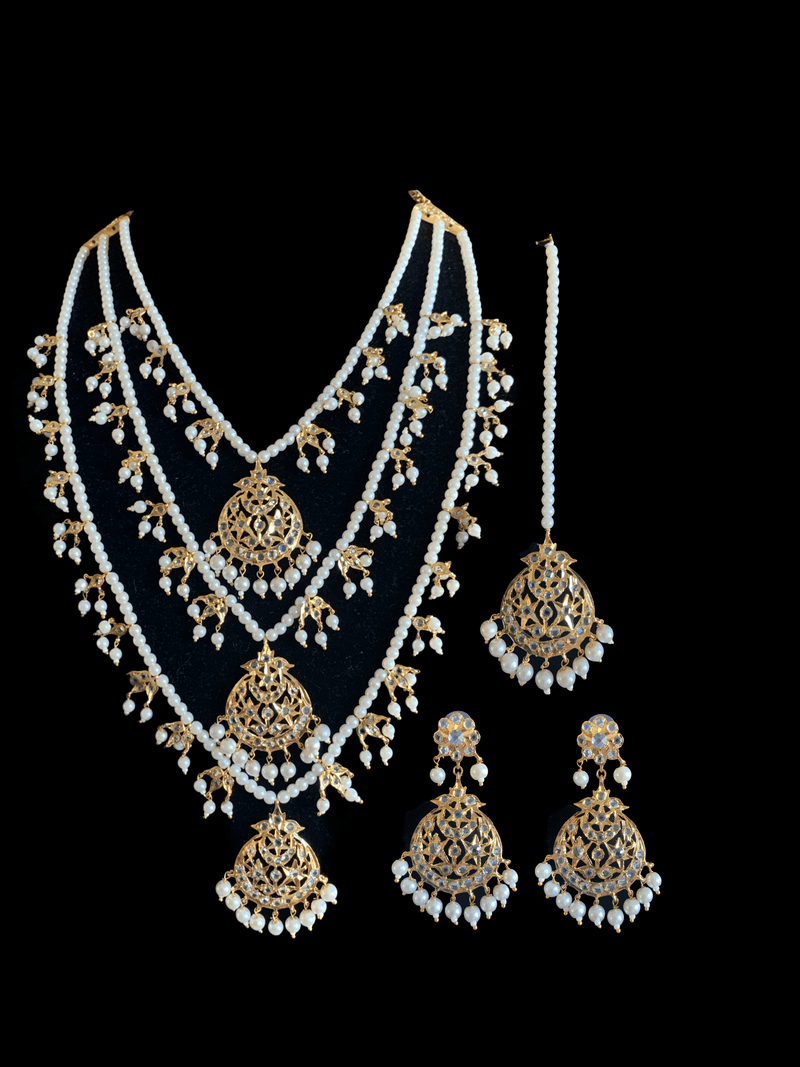 SAT53 Tooba three layered pearl necklace with earrings and Tika ( SHIPS IN 4 WEEKS )