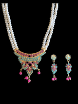 LN127 Ruby emerald long  necklace  set in fresh water pearls ( READY TO SHIP )