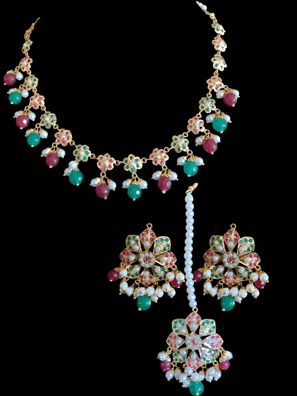 NS327 Alea punjabi Jadau necklace  set - ruby emerald   (READY TO SHIP)