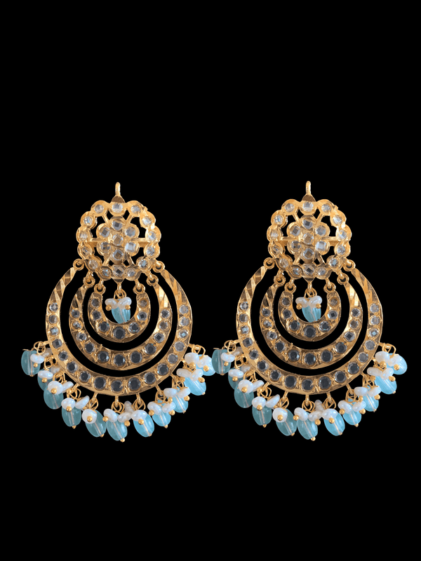 DER146 Tanzila Chandbali in aqua blue beads with fresh water pearls  ( READY TO SHIP )