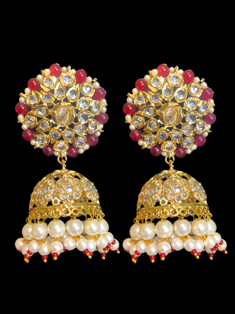 DER399 Amra hyderabadi jhumka in pearls  with ruby beads - large jhumka  ( READY TO SHIP)