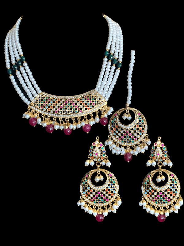 NS317 Piya punjabi Jadau necklace with earrings and tika in Navratan  (READY TO SHIP)