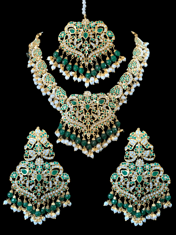 NS73 Neeli jadau pearl necklace with earrings tika in emerald(SHIPS IN 4 WEEKS )