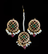 NS185 Payal jadau necklace with earrings tika in Navratan ( READY TO SHIP)