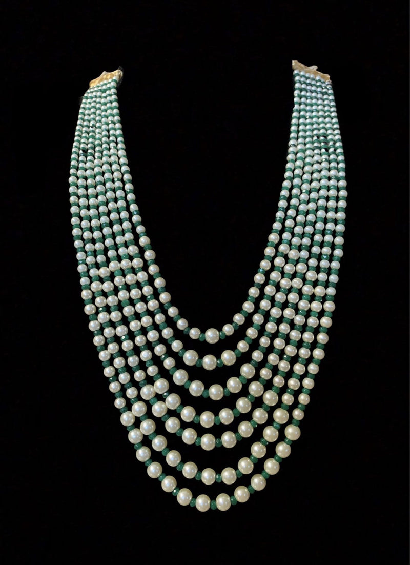 Nia multilayered / satlada in pearls and emerald beads ( SHIPS IN 4 WEEKS )