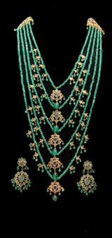 SAT34 Five layer hyderabadi necklace with earrings in green ( READY TO SHIP)