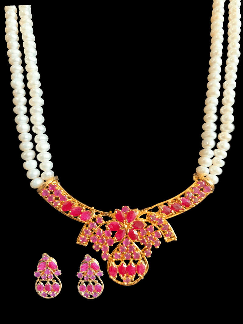LN133 Ruby long  necklace  set in fresh water pearls ( READY TO SHIP )