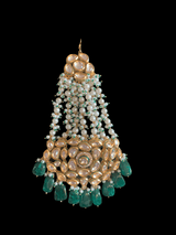 Trikha pearl kundan Jhoomar with green beads  ( SHIPS IN 4 WEEKS )