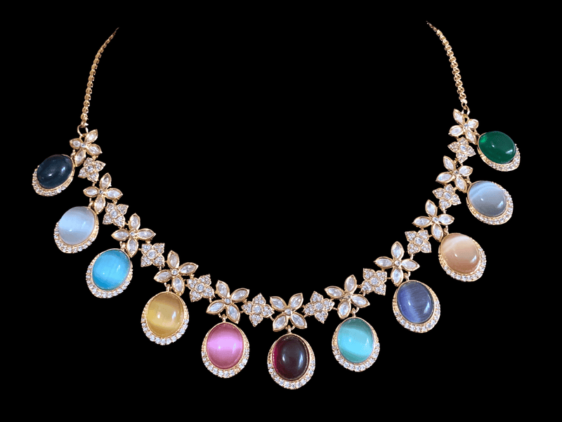 NS344 Navratan Gold plated high quality cz polki necklace with earrings ( READY TO SHIP)