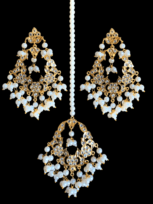 DJET21 Madhuri earrings tika set in pearls  ( READY TO SHIP )