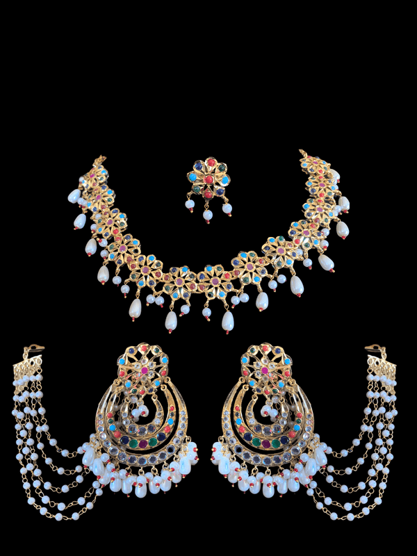 NS194 Malavika necklace set in Navratan    ( SHIPS IN 2 WEEKS  )