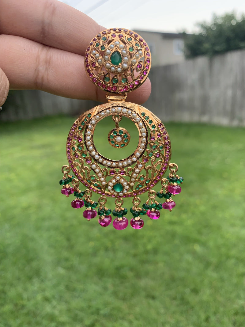 Multicolored Jadau Chandbali Earrings in Gold Plated Silver ER 237