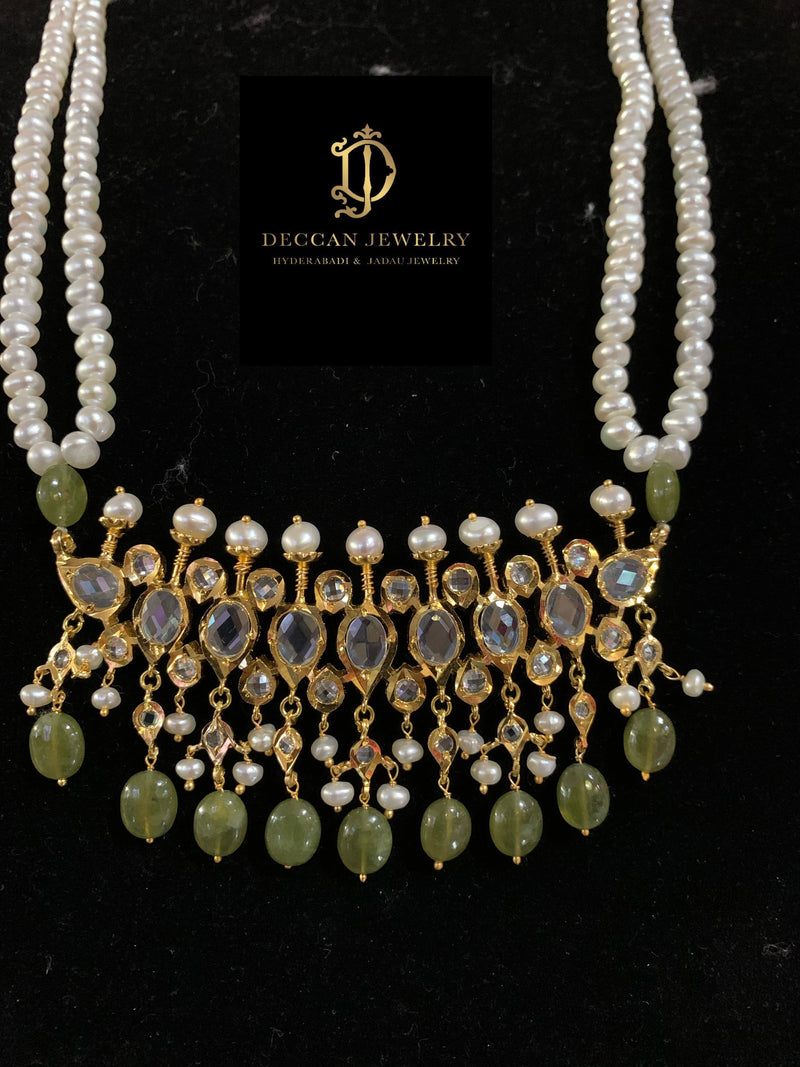 Tirmani necklace set in olive green emerald beads ( SHIPS IN 4 WEEKS )