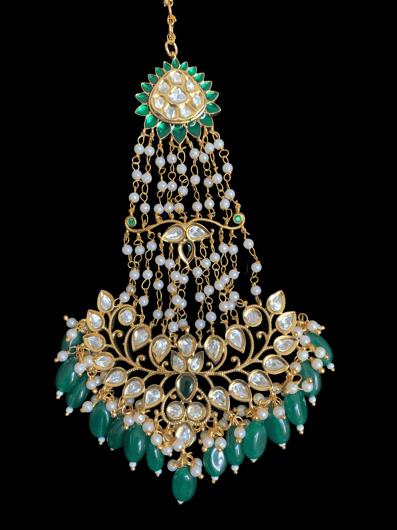 Discount DJHR25 polki gold plated jhoomar in green , indian jewellery