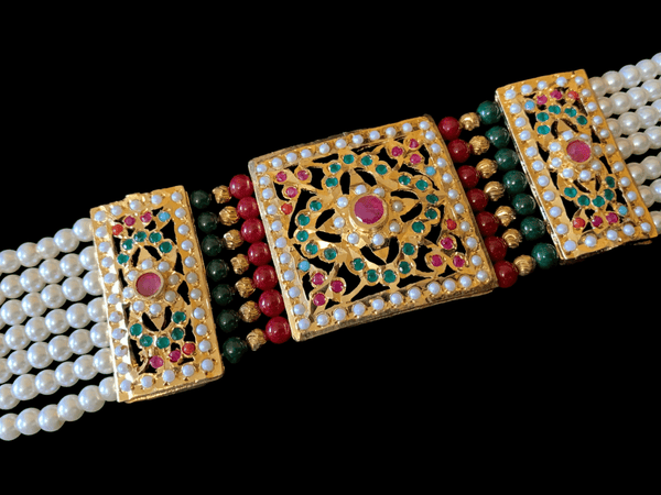 B67 Saira jadau bracelet in navratan with ruby green beads     ( READY TO SHIP )