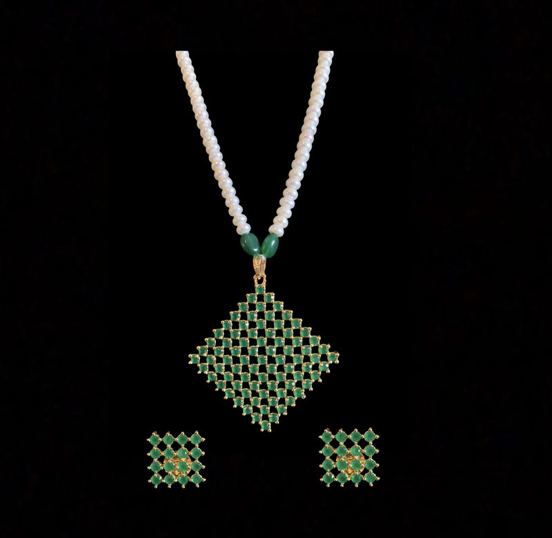 Nandini  green  long pendant set with earrings in  fresh water pearls (READY TO SHIP )