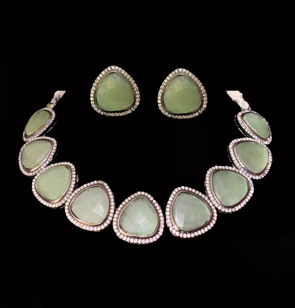 NS5 Victorian plated cz necklace - moss  green  ( READY TO SHIP )