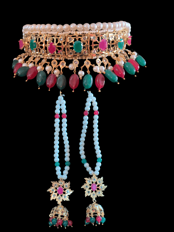 C28 Hyderabadi jadau small sized kids jadavi lacha choker in ruby emerald (SHIPS IN 3 WEEKS )