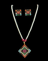 Nandini  Navratan  long pendant set with earrings in  fresh water pearls (READY TO SHIP )