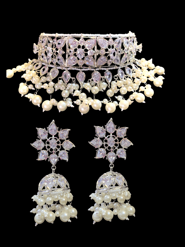 C175 Sonam jadavi lacha choker and jhumka  in silver plating  ( READY TO SHIP)