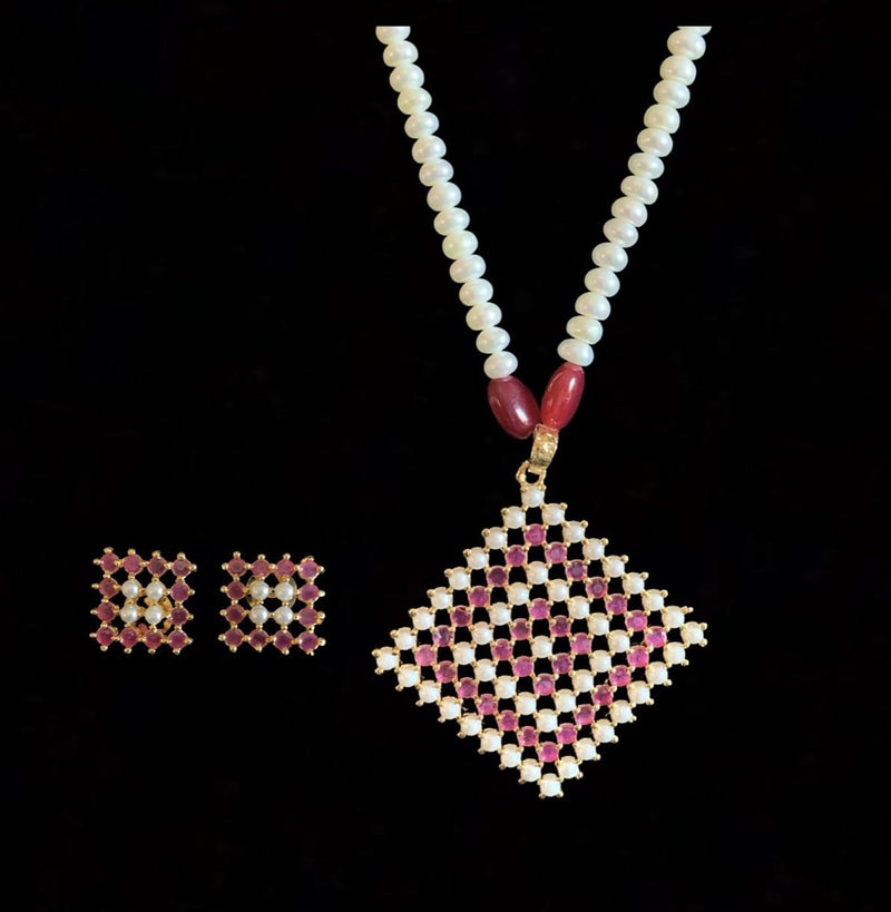 Nandini  RUBY PEARL long pendant set with earrings in  fresh water pearls (READY TO SHIP )