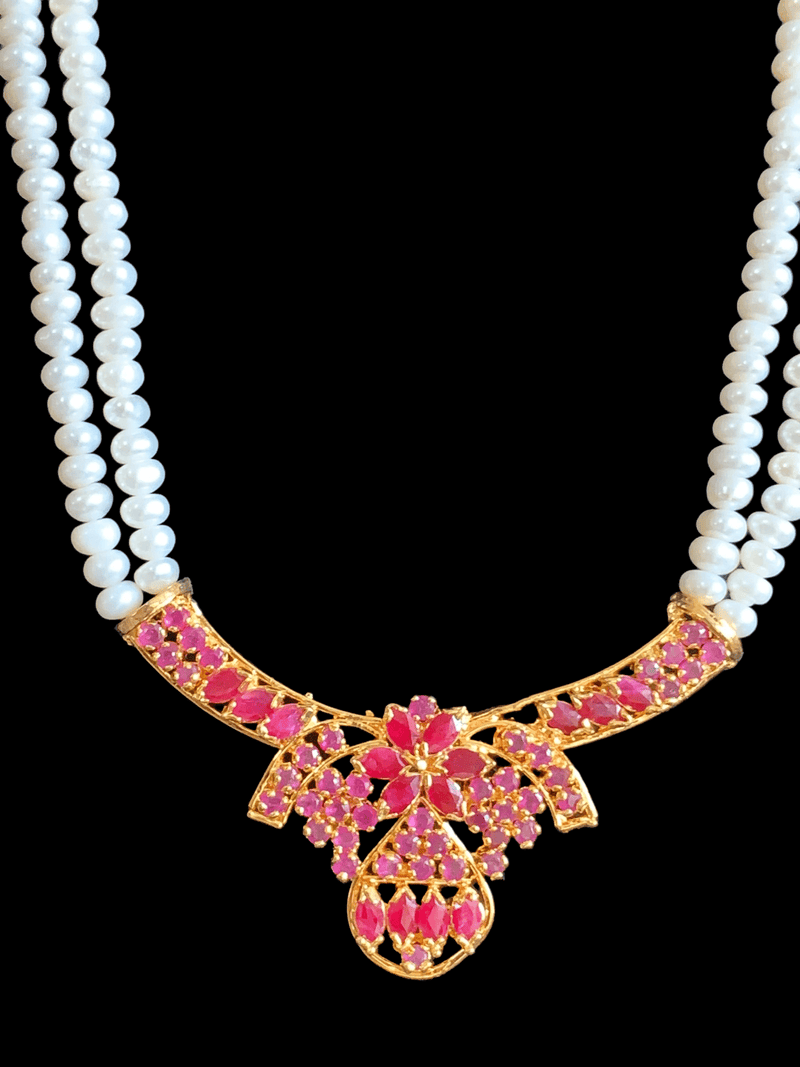 LN133 Ruby long  necklace  set in fresh water pearls ( READY TO SHIP )