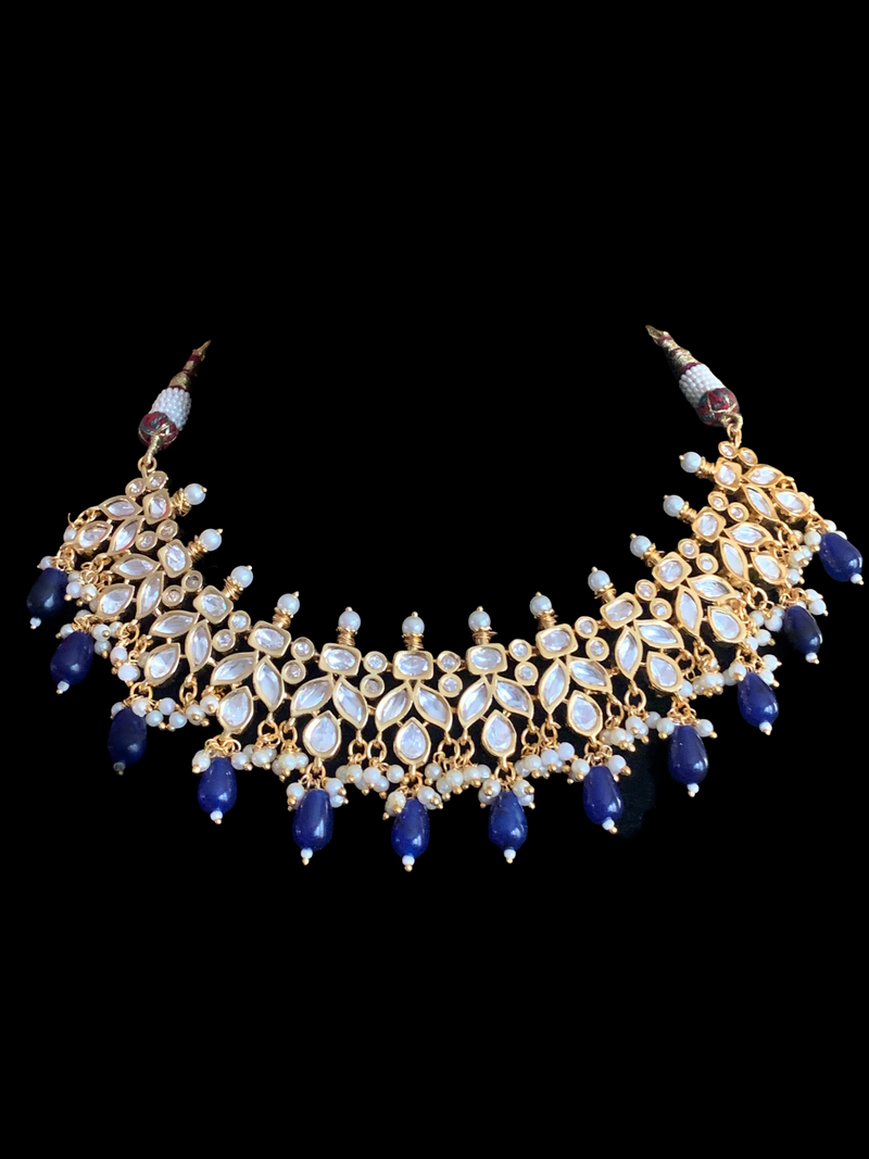 NS355 high quality polki necklace in pearls  and blue  beads ( READY TO SHIP)